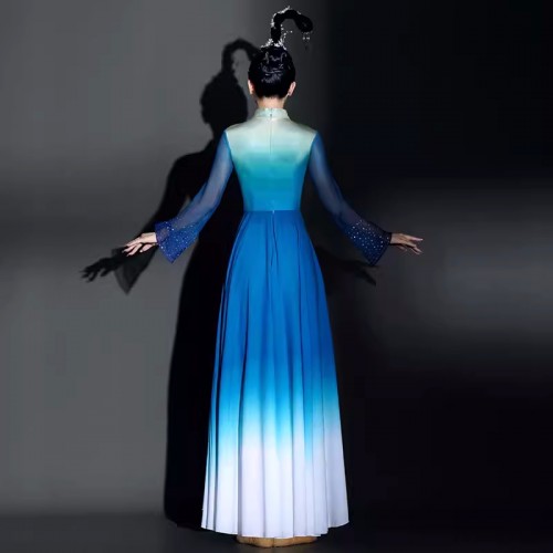 Blue chinese folk Classical dance costumes  for women girls ancient traditional fairy hanfu princess art test big swing skirt Han Tang fan dance dresses